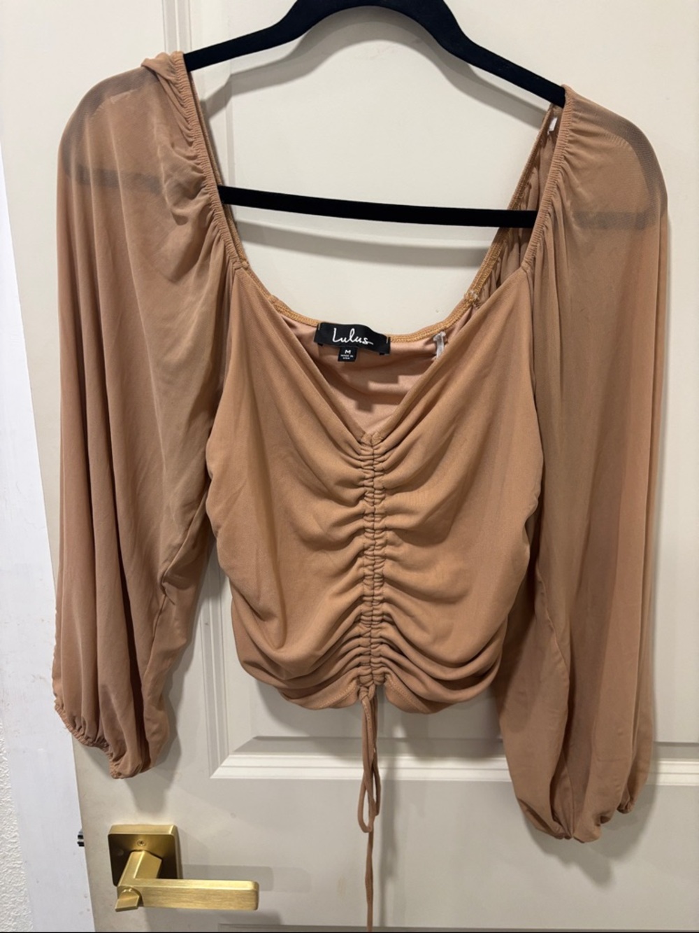 Lulu's Beige Ruched Drawstring Long Sleeve Blouse